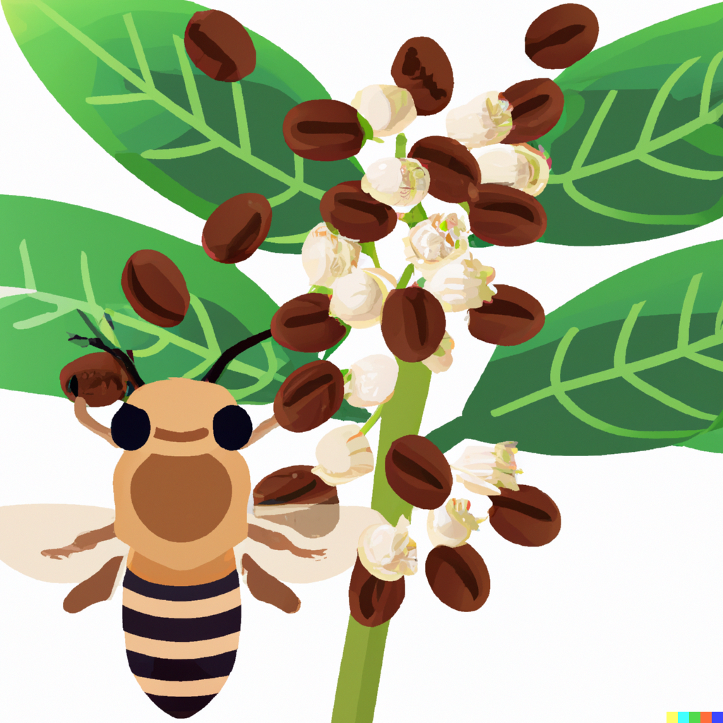 Illustration of a honeybee pollinating a plant whose flowers look like coffee beans. Image generated by Open AI’s DALL-E.