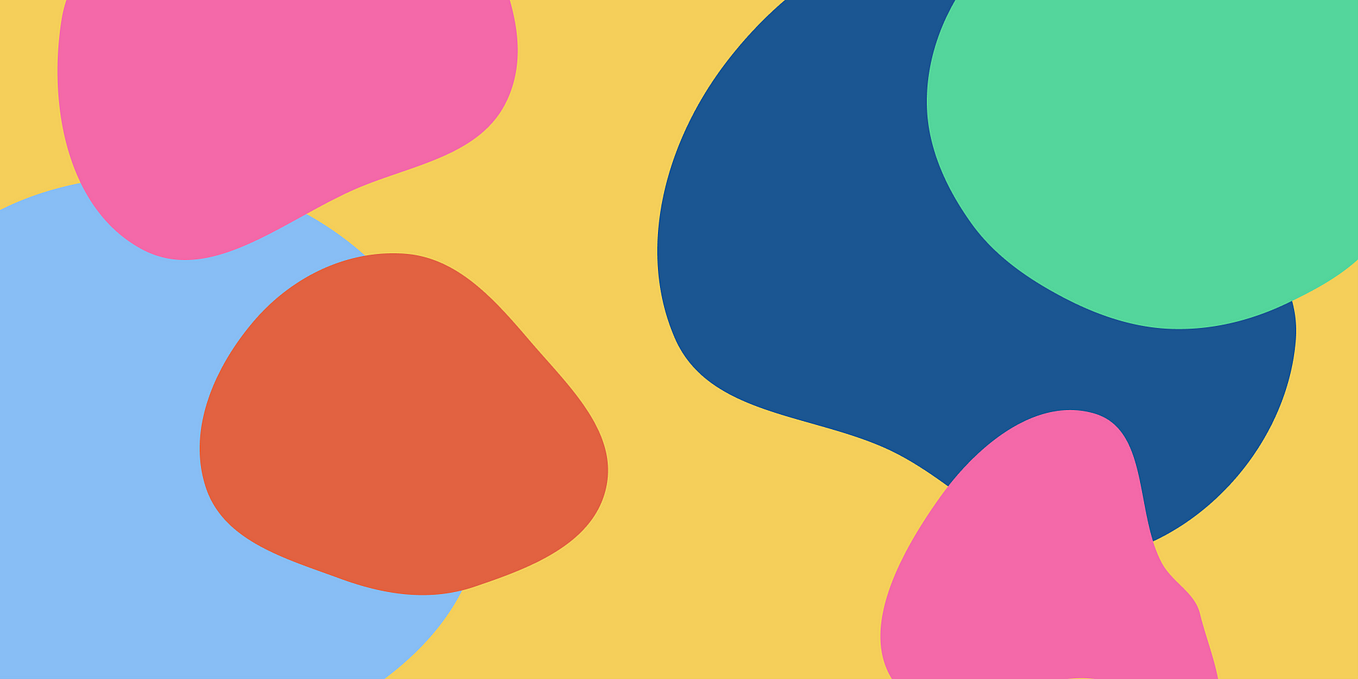 Abstract graphic image of large blue, green, pink, and orange blobs on a yellow background.
