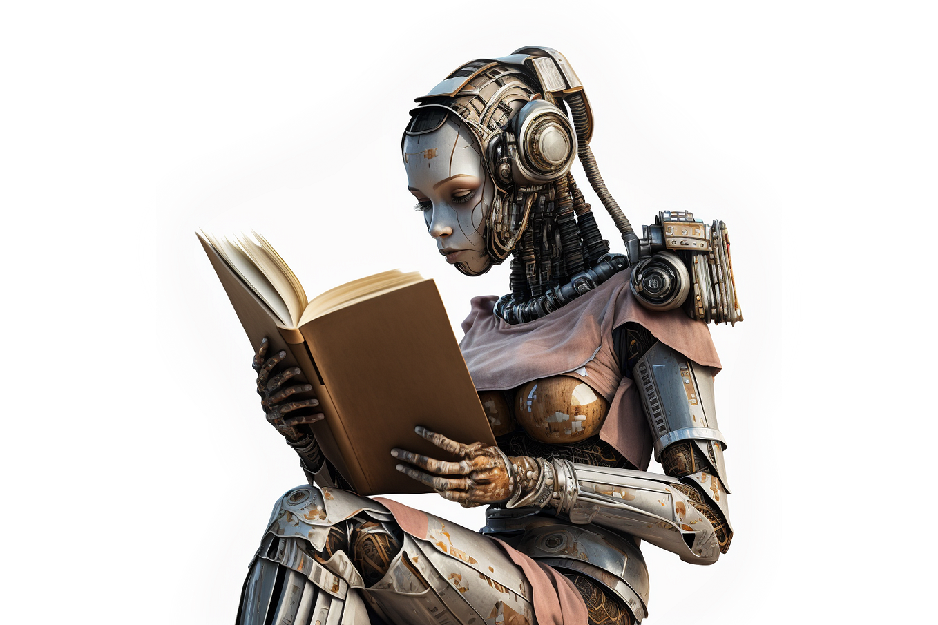 An android reading a book. (Created using MidJourney)