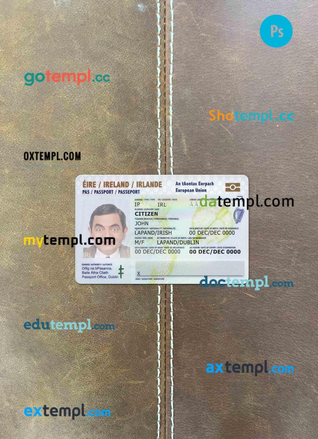 Ireland residence permit editable PSD files, scan look and photo