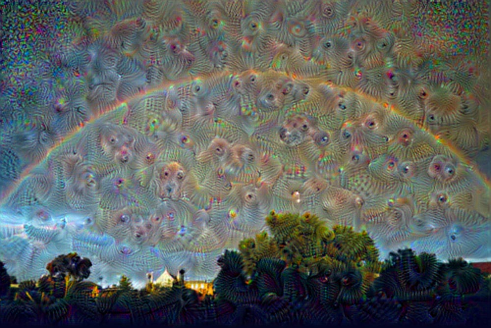 Deep dream image created by original rainbow photo modified with Google’s Inception deep dream algorithm.