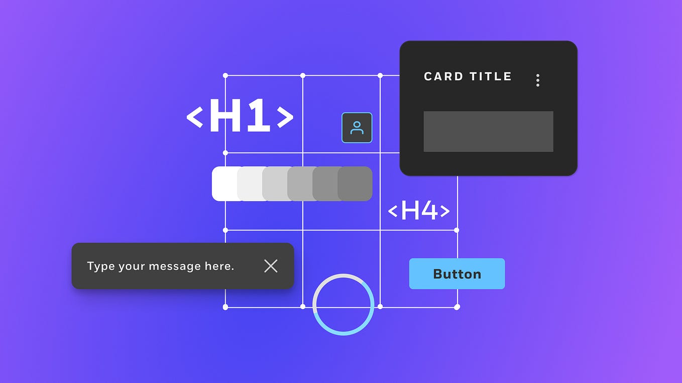 Three by three grid with while lines with heading tags, UI components, and shades of grey in rectangles in the grid, with a purple-blue gradiant background