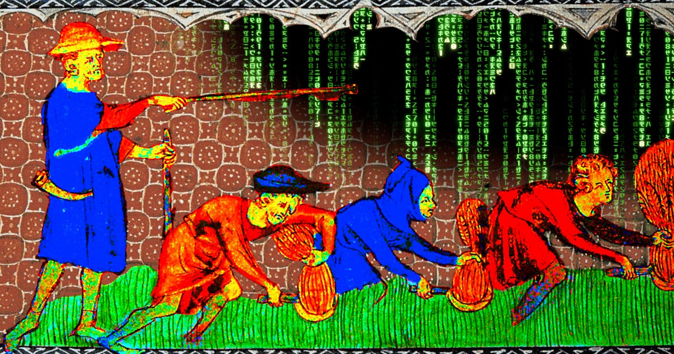 A modified medieval drawing of a reeve overseeing three peasants. The color gamut has been shifted into bright neons. Part of the background has been removed, revealing a ‘code waterfall’ as seen in the credits of the Wachowskis’ Matrix movies.