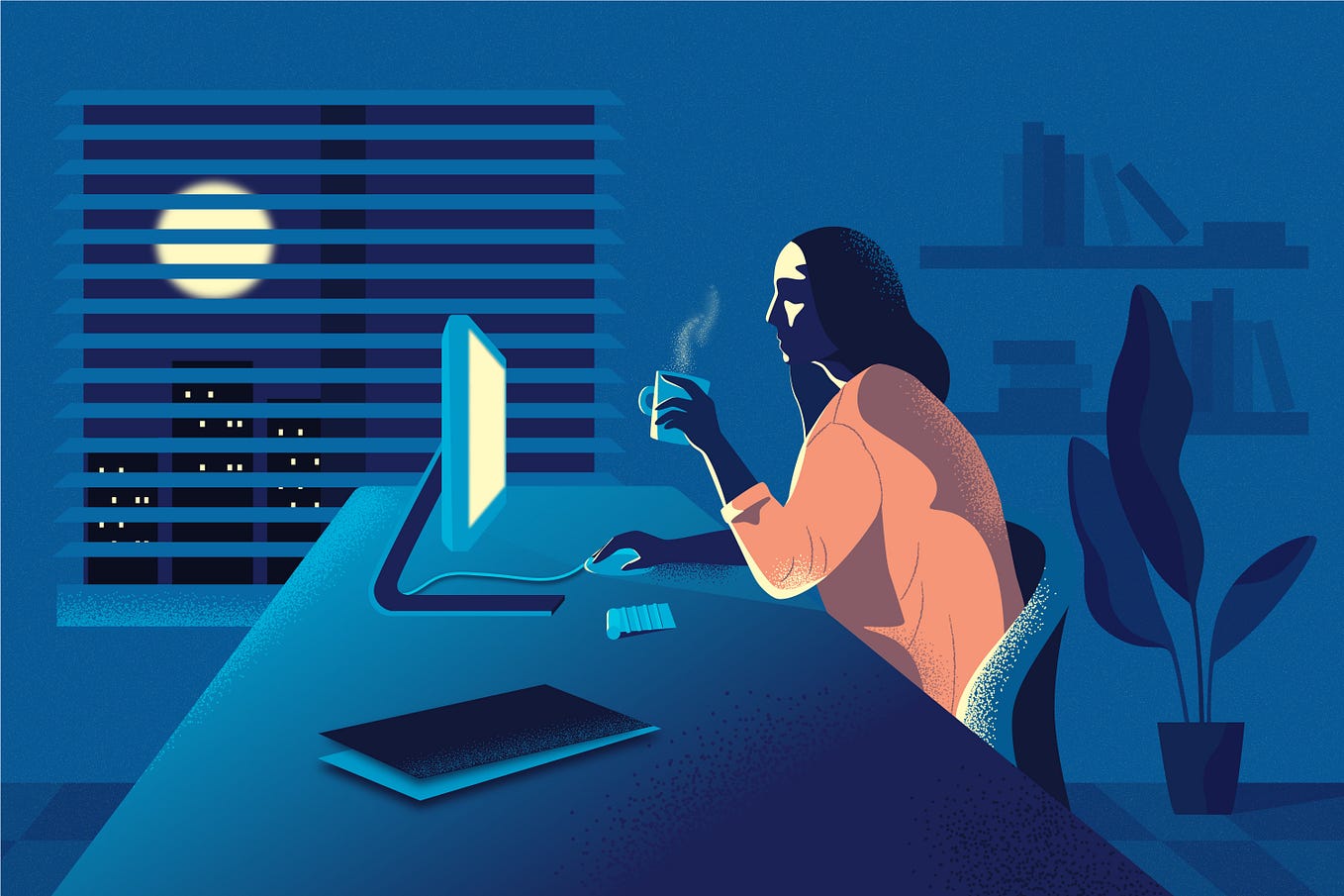 An illustration of a woman holding a cup of coffee and looking at her computer late at night.