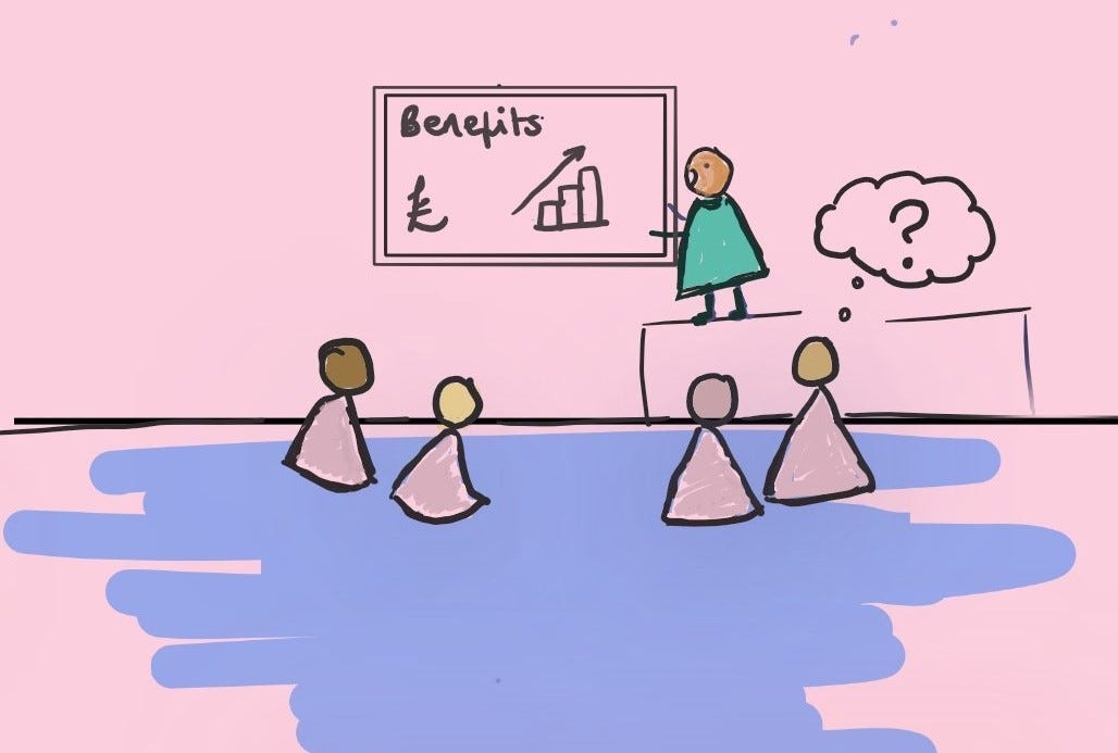 Illustration of a person standing on a stage presenting the benefits of design systems to stakeholders.
