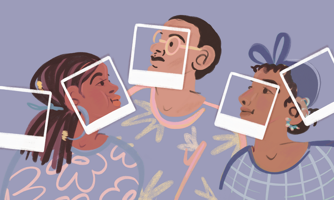 An illustration of 2 Black women and a Black man against a purple background. Each person has a Polaroid-shaped outline framing their faces.