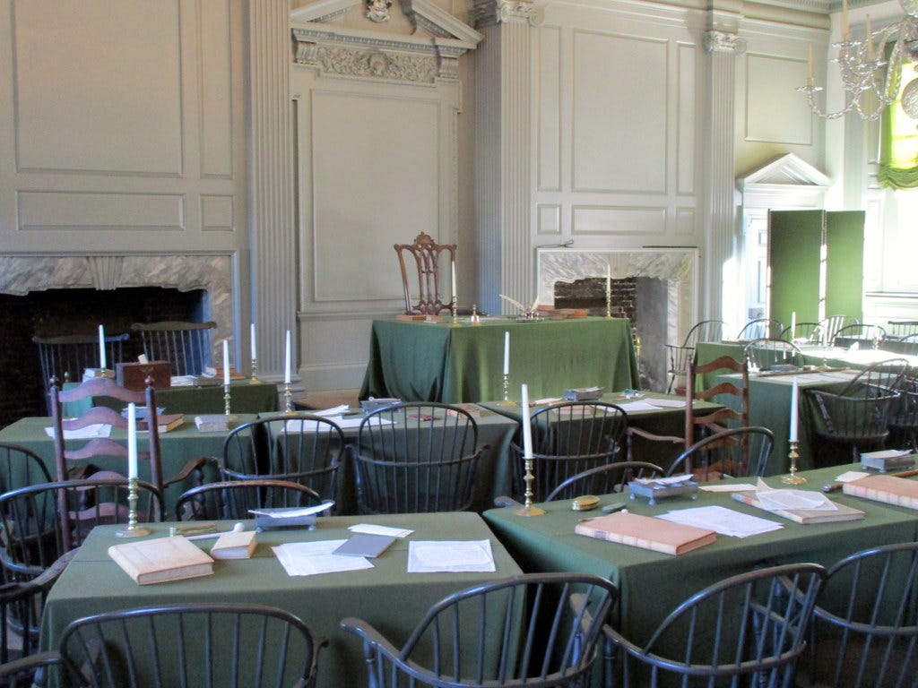 The Assembly Room of Independence Hall, an 18th Century British built building, where Americans debated independence.