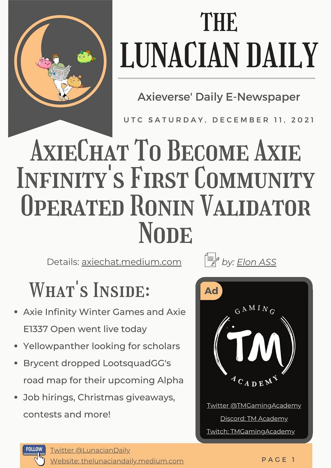 UTC Saturday December 11, 2021 | The Lunacian Daily-Axie Infinity News