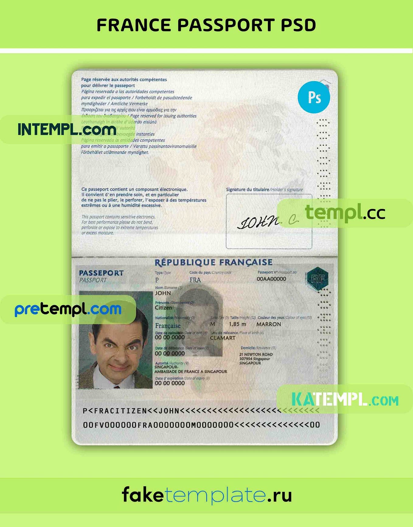 France passport PSD download template, version 2 - Intempl ID - Medium