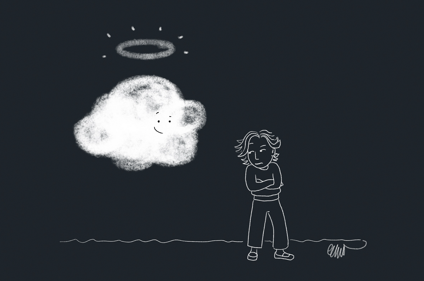White pencil-style line work cartoon on a black background. There’s a white cloud floating on the middle left, with a friendly face and a glowing halo above it. A person representing the author standing and facing towards the right, looks back at the cloud. Their body language is dripping with skepticism.