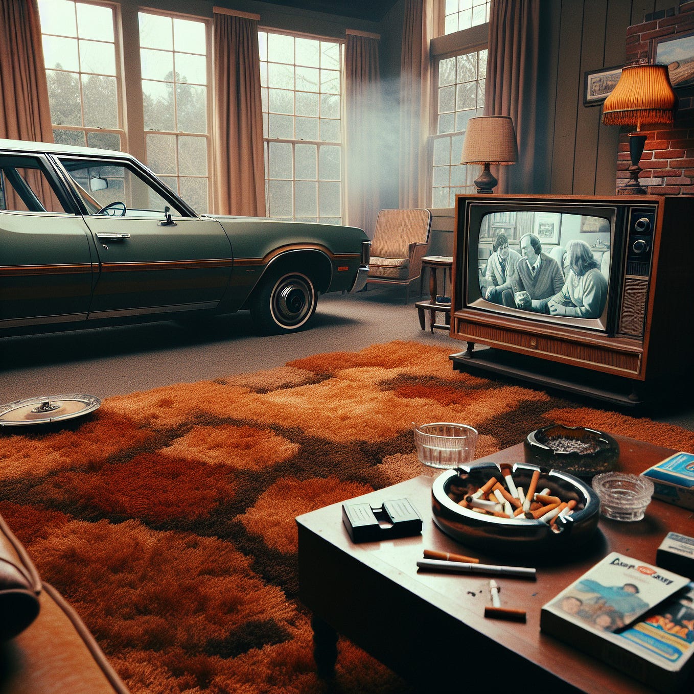 old car, old tv with three stooges on it and full ashtray in seventies style liviing room