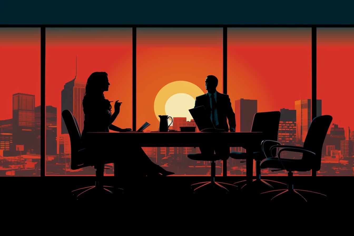 pop art illustration of the silhouette of two successful business people sitting at a desk