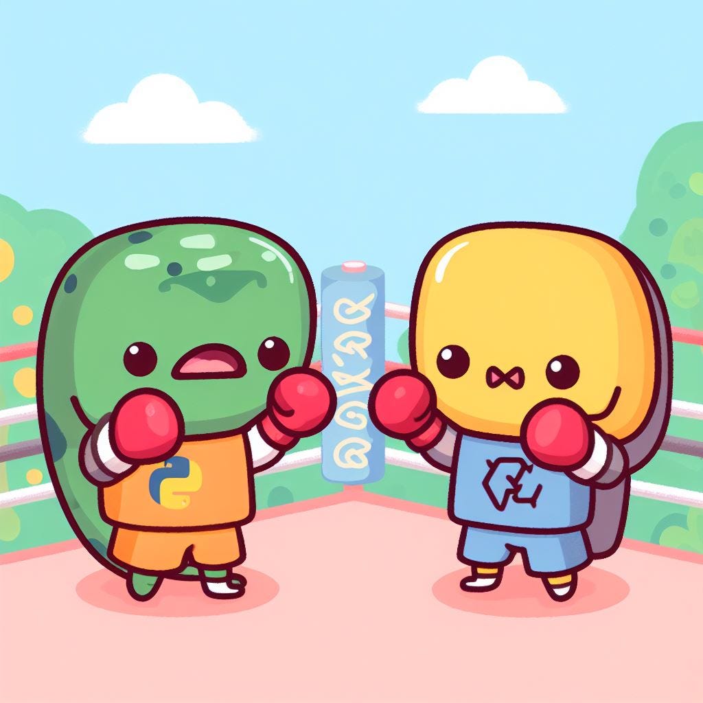 Bing Image Generator prompt: a cute boxing battle between python programming language and javascript programming language, in a cute nature themed environment