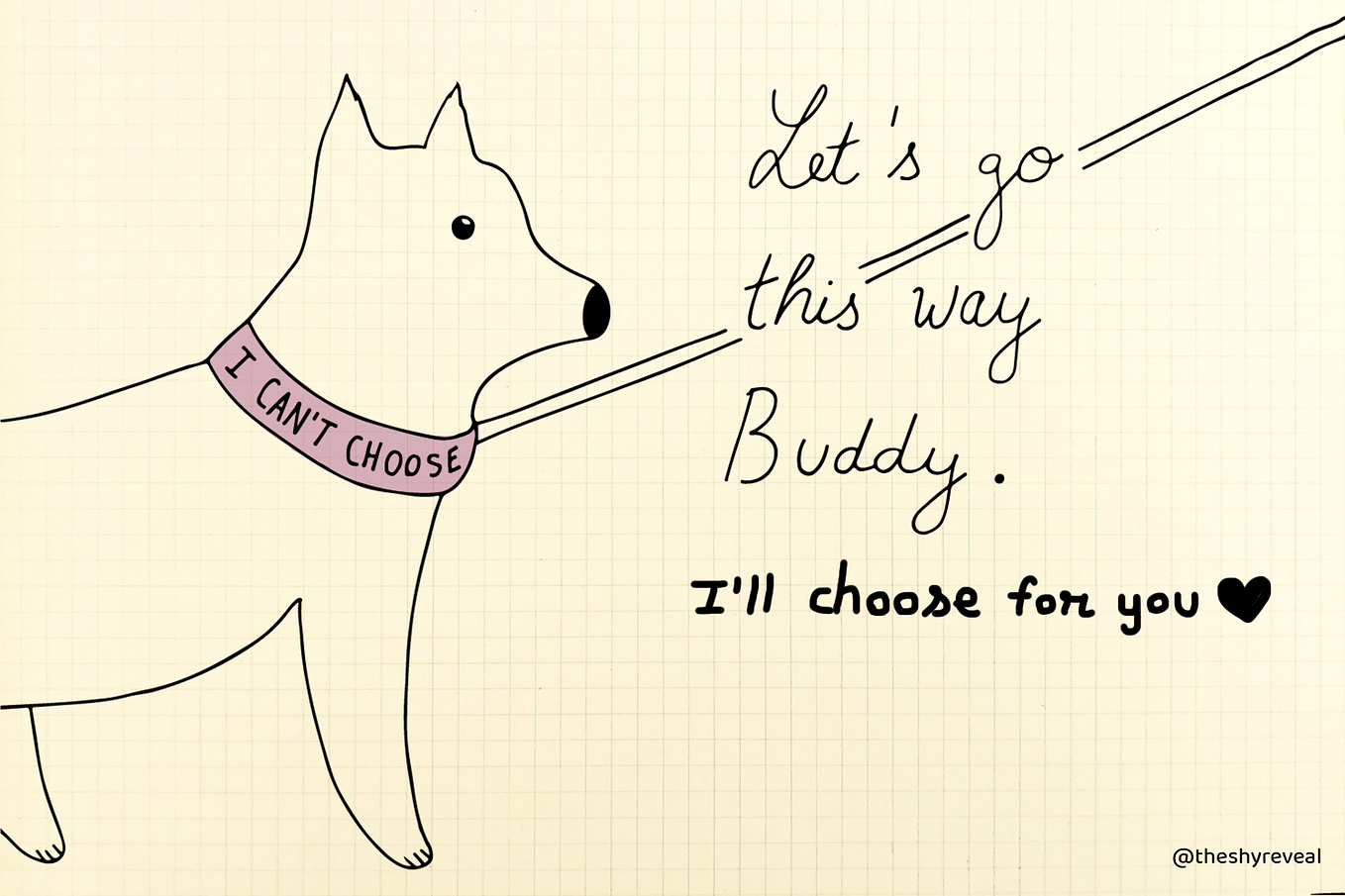 A dog on a leash with a collar that says: “I can’t choose”, and the phrase: “Let’s go this way Buddy. I’ll choose for you.”