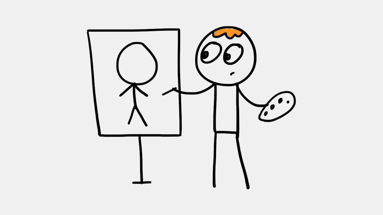 Cartoon of a stick figure artist painting a stick figure on a piece of canvas