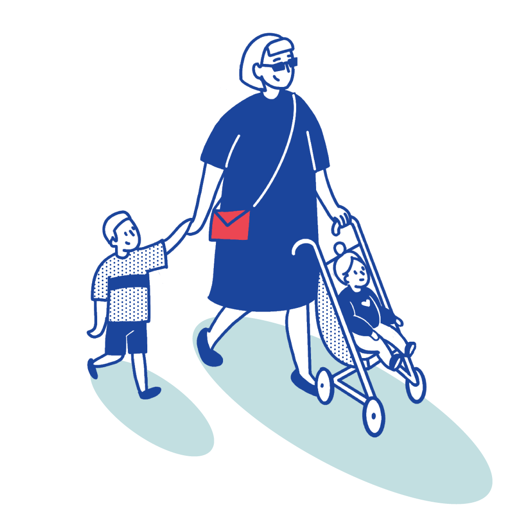 line drawing of a mother walking with her two children, one in a stroller, one walking alongside her and holding her hand
