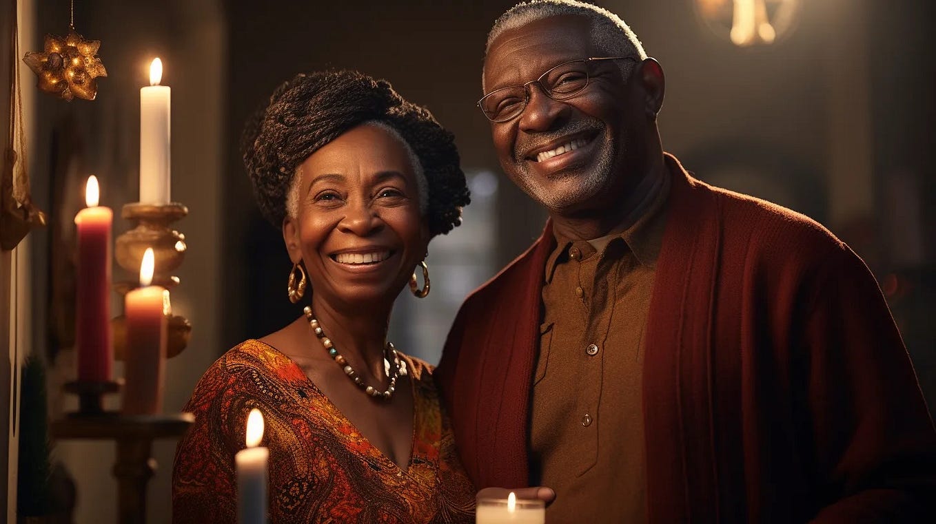a Black senior-citizen couple in the hall of their cozy home decked out for Thanksgiving. She is much shorter than him. They are formally dressed in afro-American outfits. They are looking expectantly and with joy at the moment.