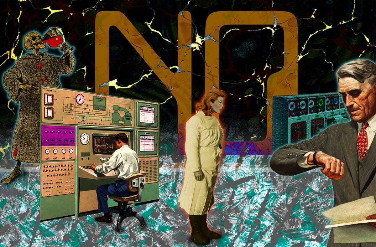 An existential plane extending to an abstract background. Scattered through the scene are mainframes and control panels, being worked by faceless figure. In the center stands a downcast MD in old-fashioned scrubs. In the foreground to the right is an impatient older man in a business suit, staring at his watch and brandishing a sheaf of papers. In the background left is a grim reaper figure raising a glass of blood in a toast, the blood spattering his robes. In the center background in large mag