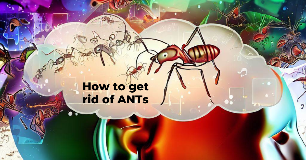 Digitial realism of playful ants in a thought bubble, crawling over a busy mind.