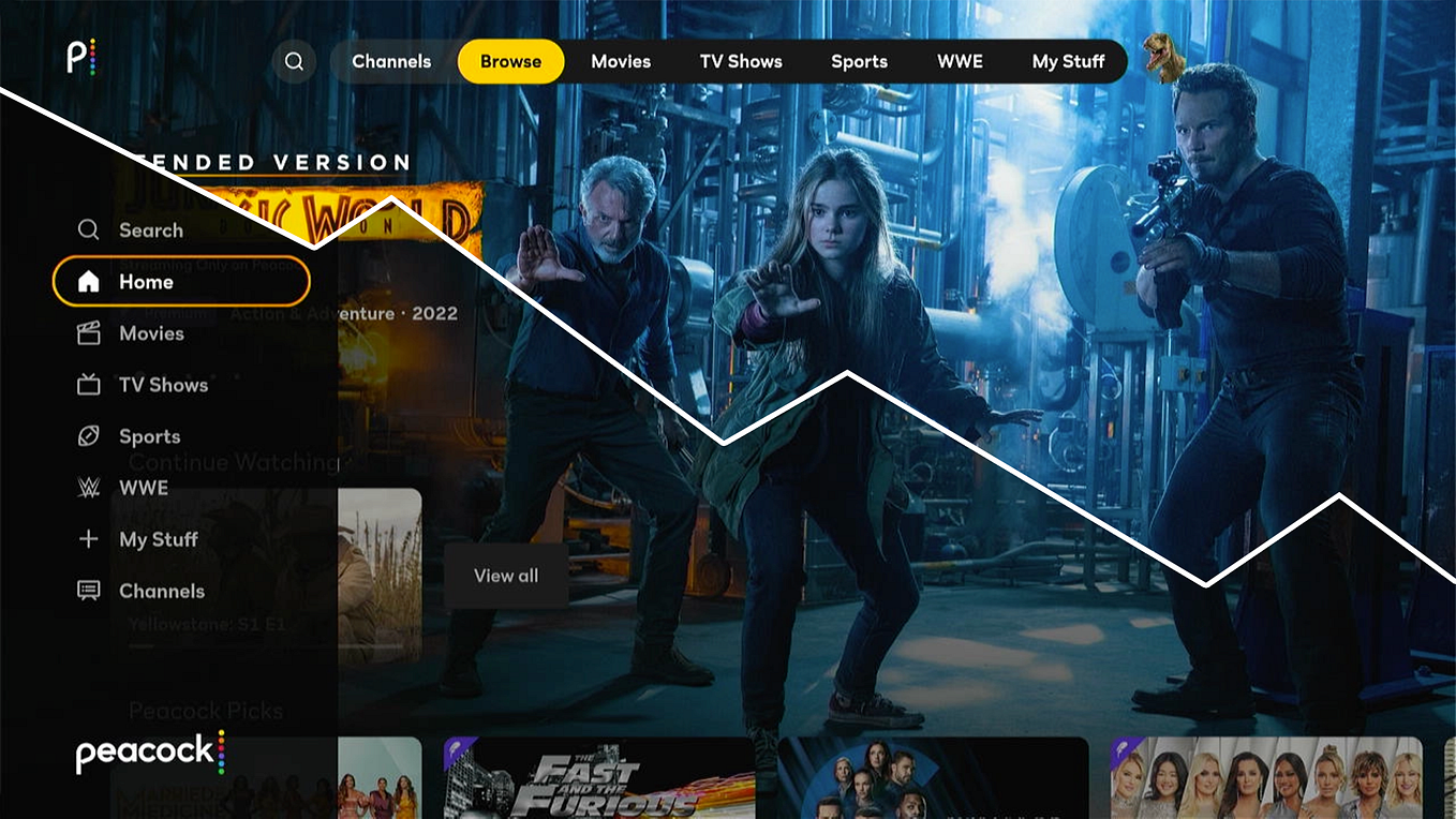 A screenshot of the Peacock streaming app’s Home section split between the old top navigation and new left-hand navigation designs.