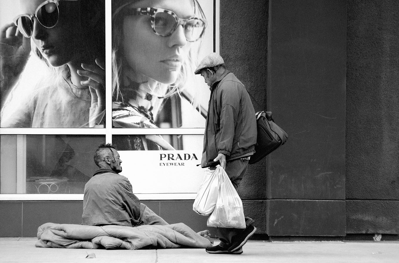homeless, Prada banner, men gives charity
