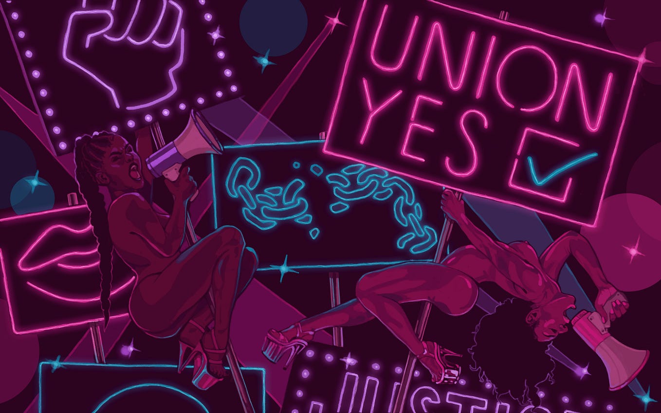 A graphic illustration showing two Black pole dancers with neon signs mounted on their poles, one says “UNION YES.”