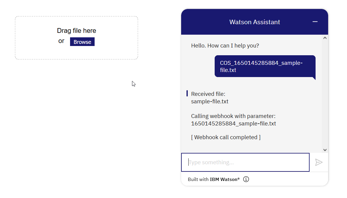 Watson Assistant chatbot with file upload widget in a Node.js web app