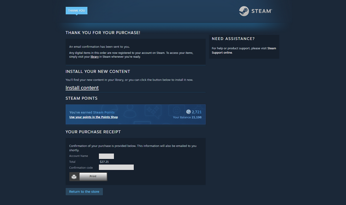 Steam’s order confirmation page on desktop.