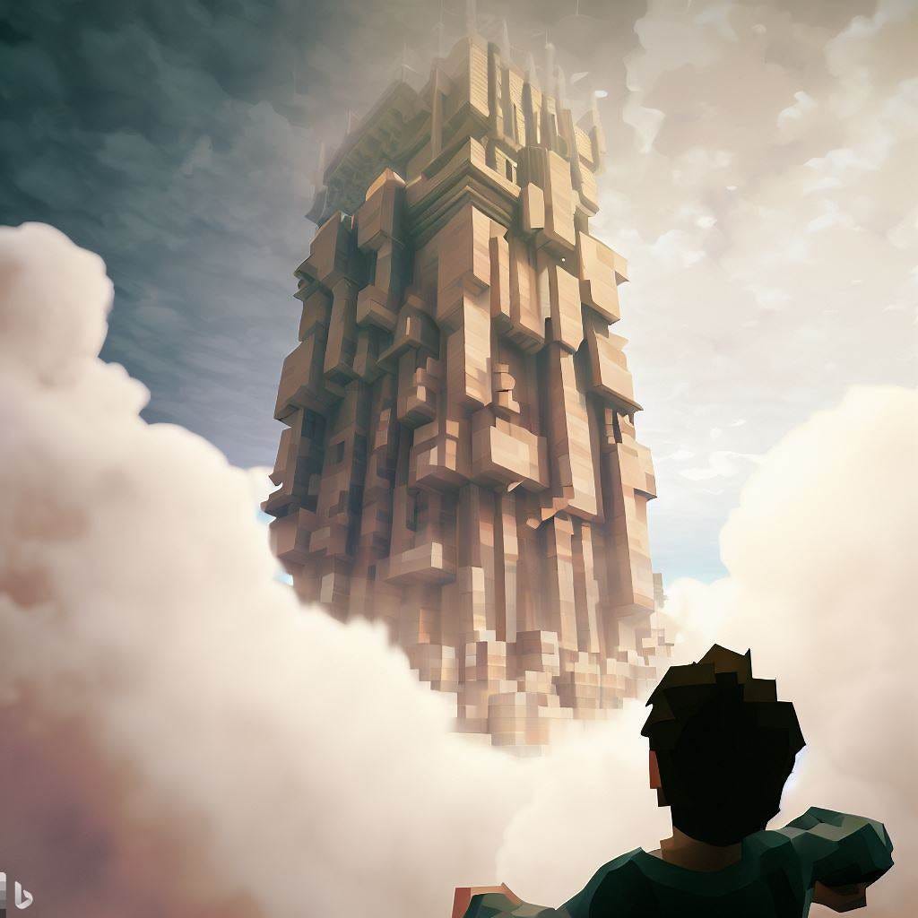 A towering blocky structure rising into the clouds in front of a startled onlooker