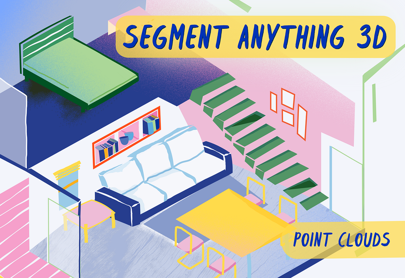 The Segment Anything Model for 3D Environments. We will detect objects in indoor spaces using 3D point cloud datasets. Credit goes to Mimatelier, the talented illustrator who created this image.