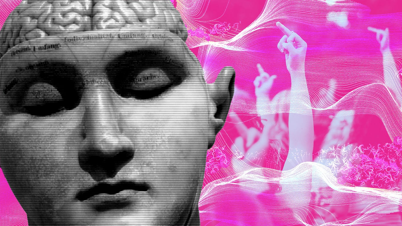 digital collage of a head sculpture with eyes closed and brain exposed at top of the head, imposed on top of a pink and white image of a crowd’s hands upstretched, each giving the finger