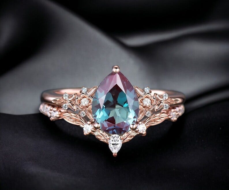 Vintage Alexandrite Ring Set, Rose Gold alexandrite Band, Leaf Wedding ...