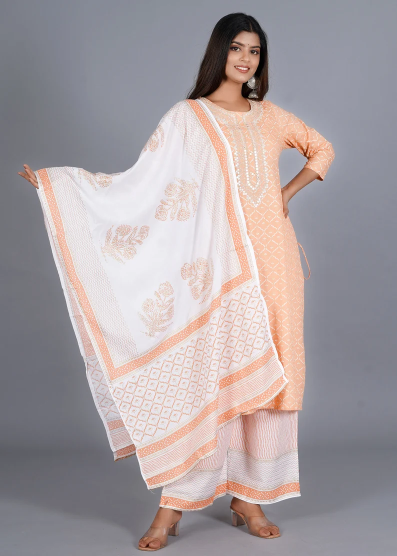 Premium Pakistani Printed Peach Anarkali Kurta with Pant Dupatta Beautiful  Long Flared Kurti Set Salwar Kameez Handmade Partywear Kurti - ratan crafts  - Medium