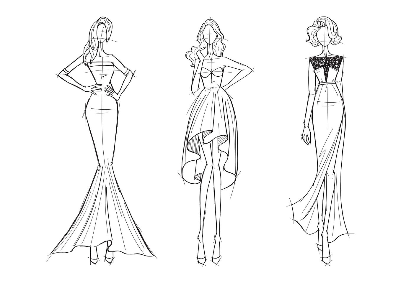 3 sketches of models wearing cocktail dresses.
