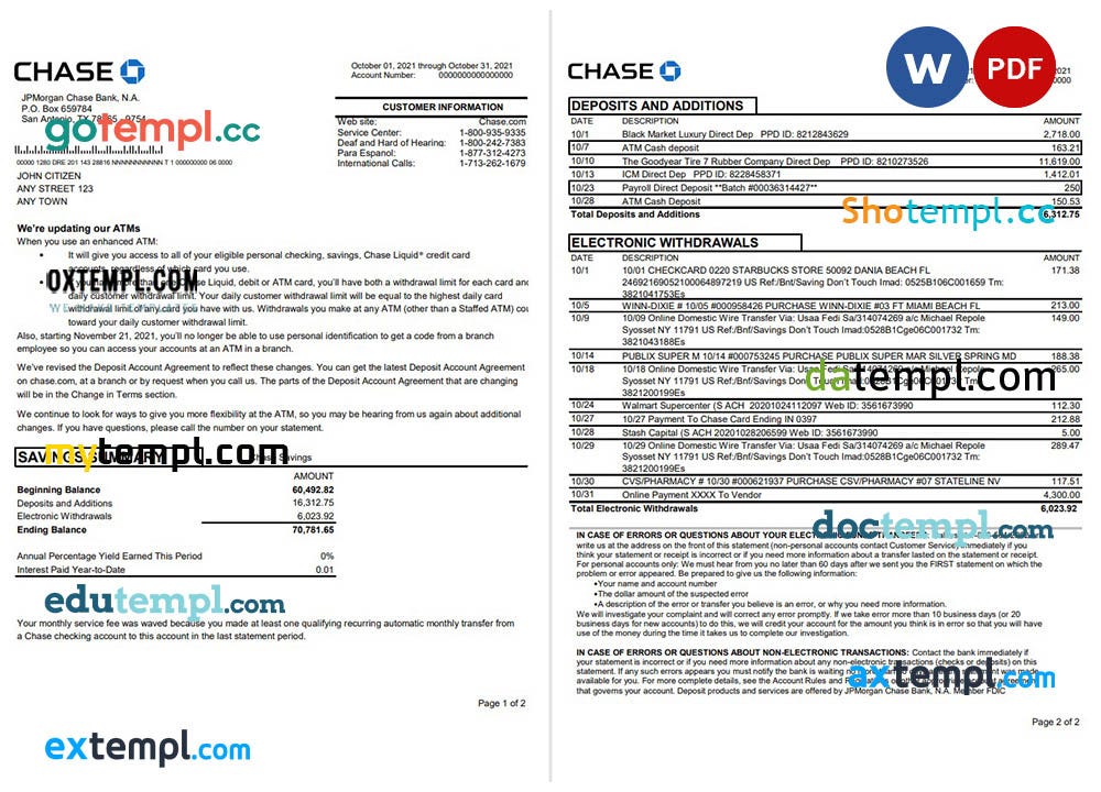 USA New York M&T Bank statement Word and PDF template, 2 pages by