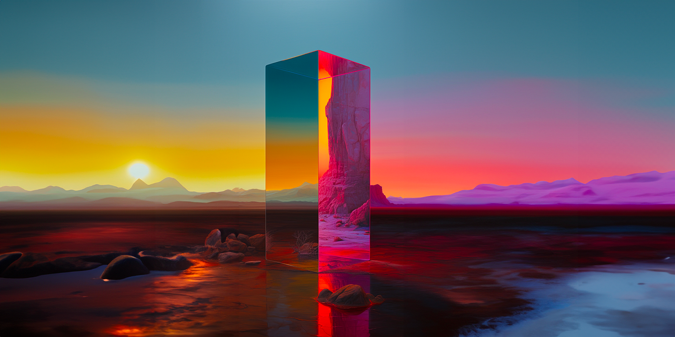 An abstract landscape with a large glass rectangular cube in the center refracting multi colored light