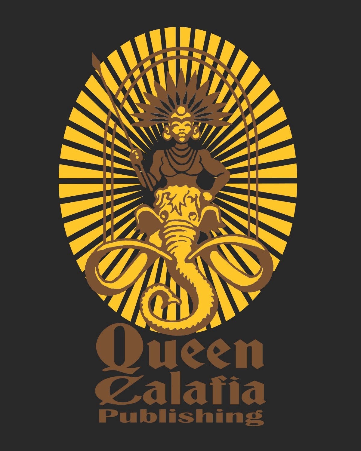 The Queen Califia Publishing logo. Drawing of a Black Amazon holding a spear and riding on the back of an elephant, encased in a yellow oval.