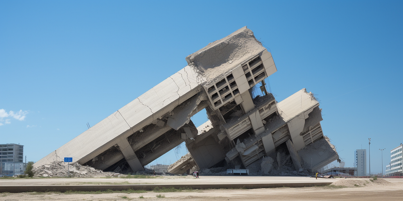Midjourney generated image of a very large building falling over under its own weight