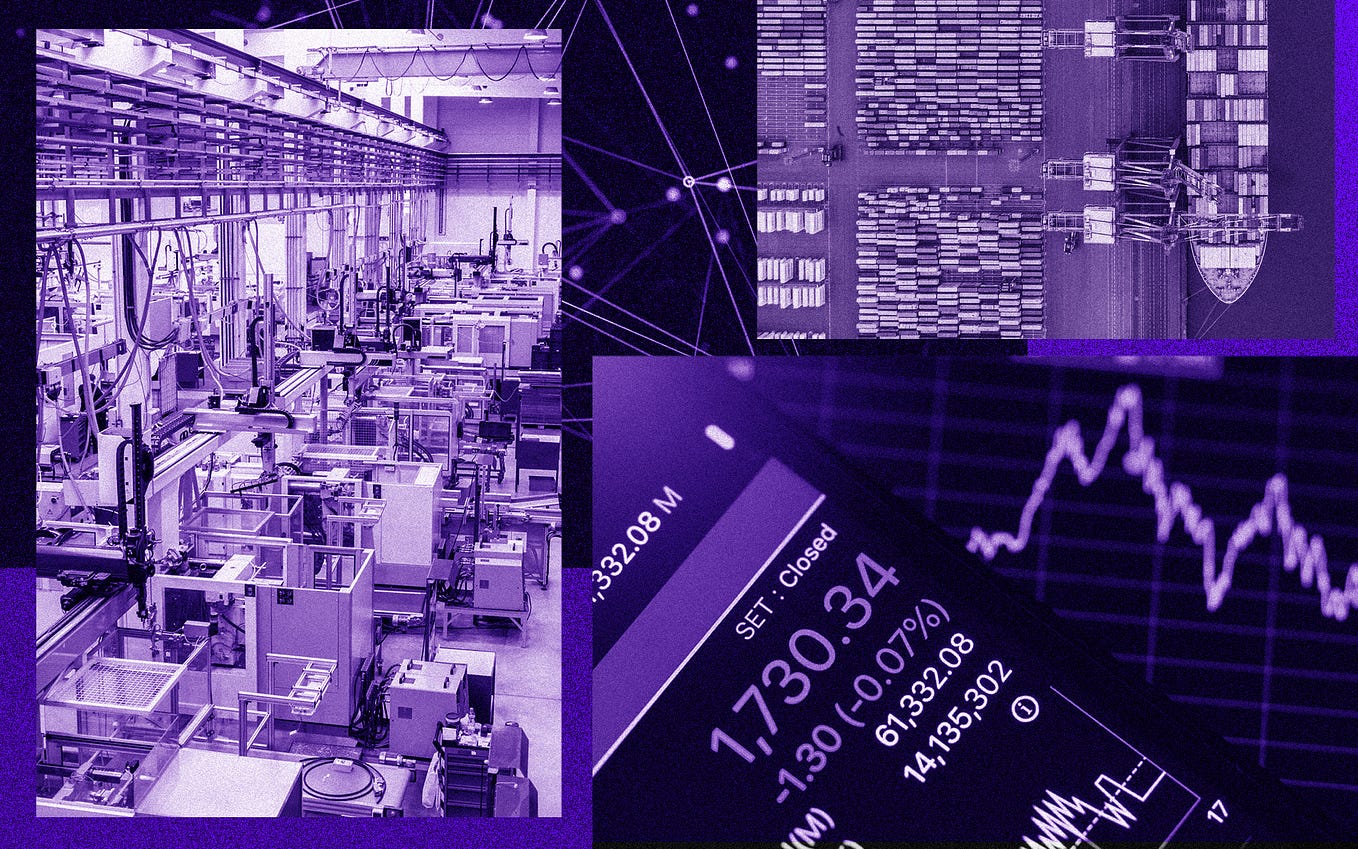 A photo collage of a shipping dock, a graph of a stock market activity, and an automated warehouse