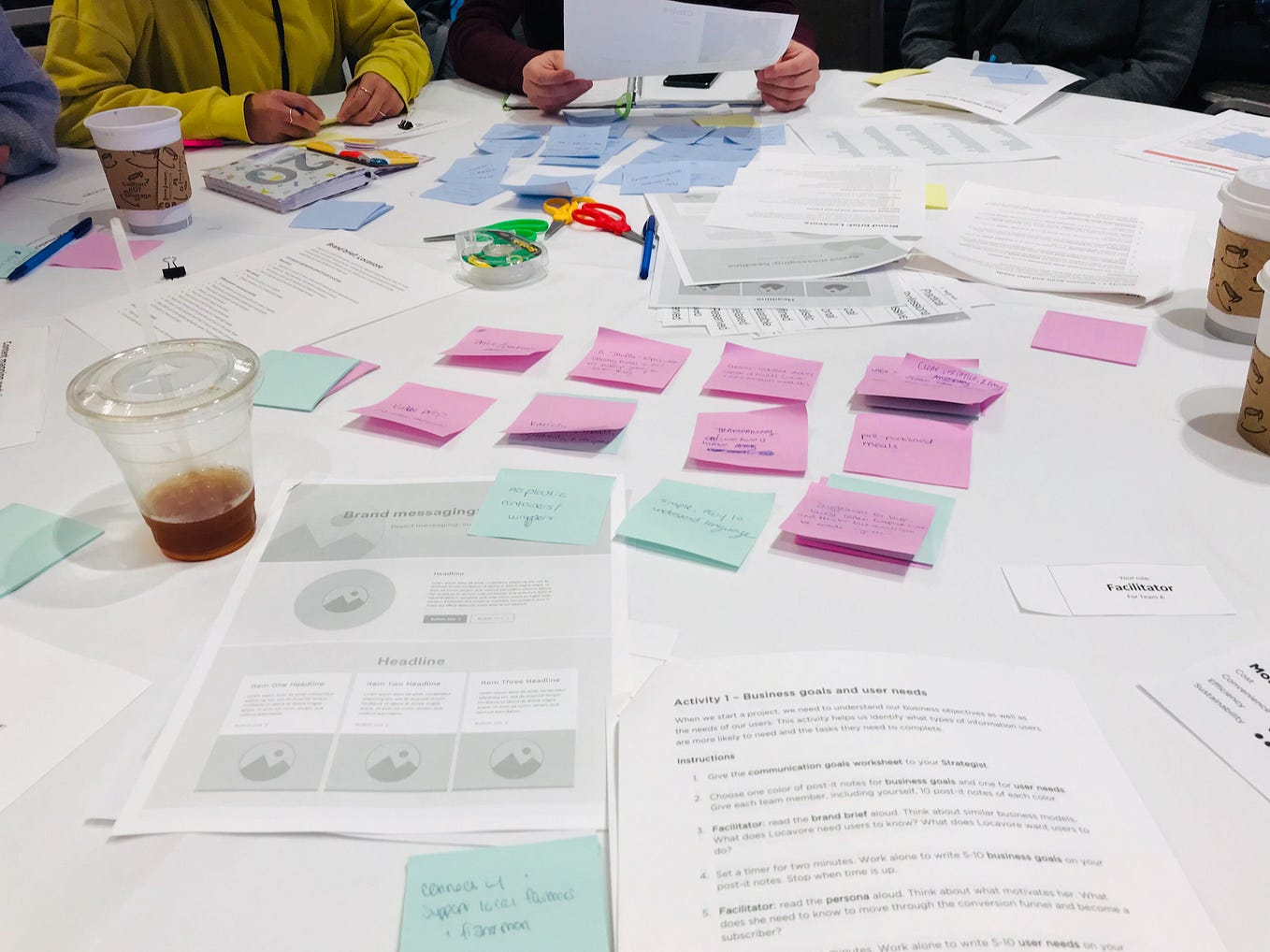 A workshop table covered in pieces of paper, post-it notes, markers, scissors, and coffee cups