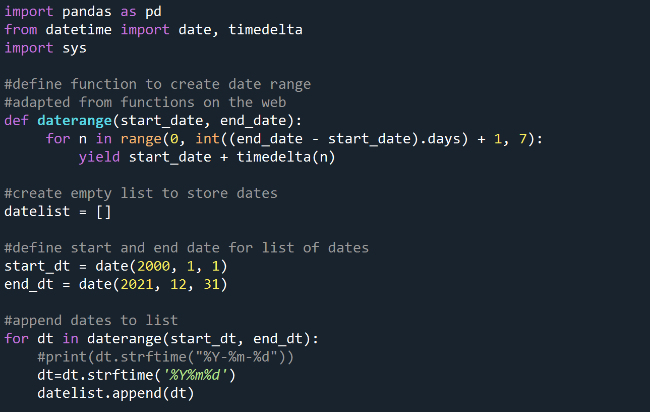 Creating a list of dates 7 days apart and corresponding week number in  Python | by Caily S. | Medium