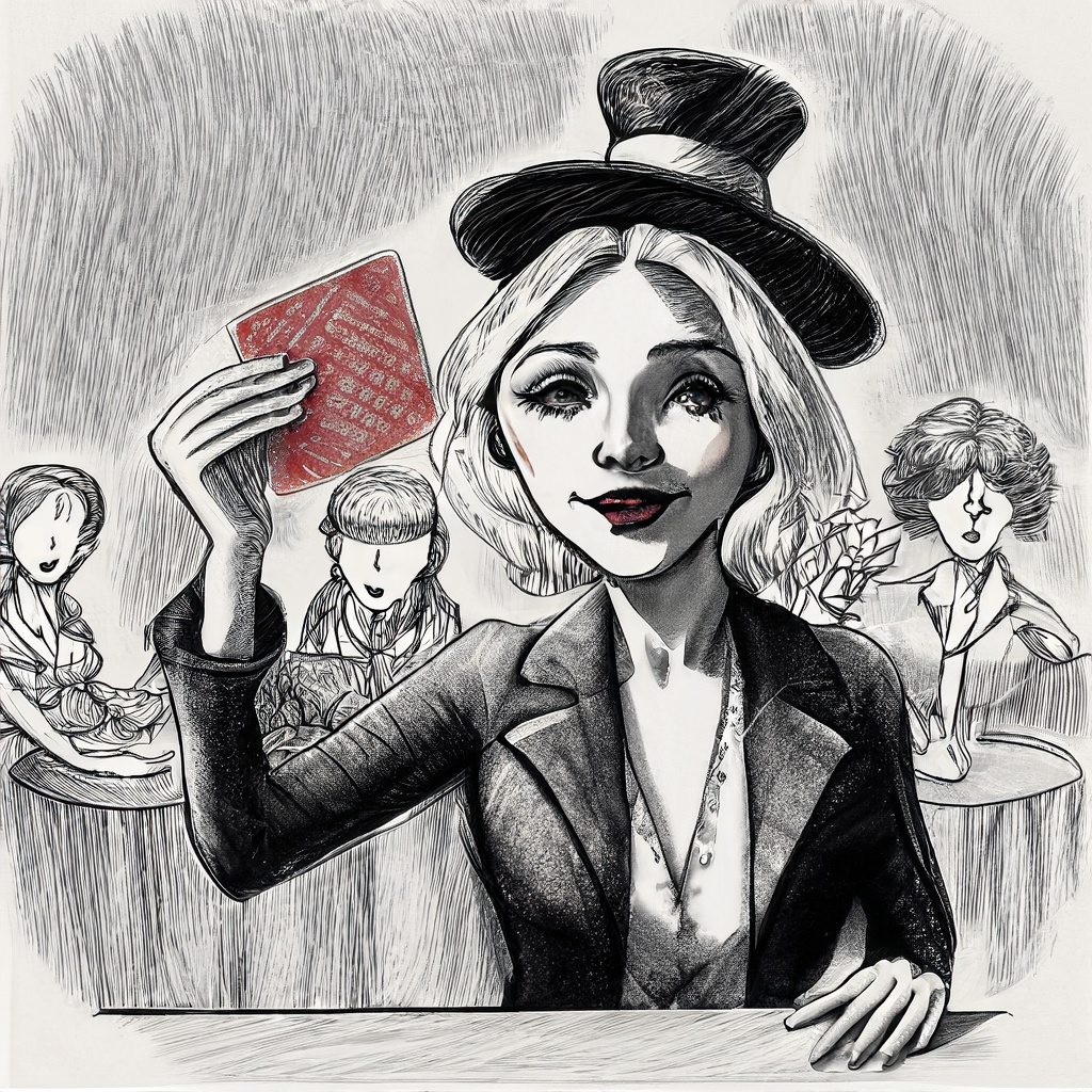 A pencil sketch of a woman in a top hat doing an obvious card trick for a skeptical audience.