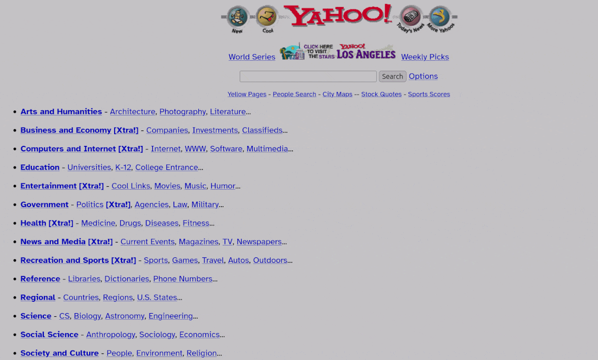 A 1994 Yahoo homepage. It is animated. The blue links blur and then disappear.