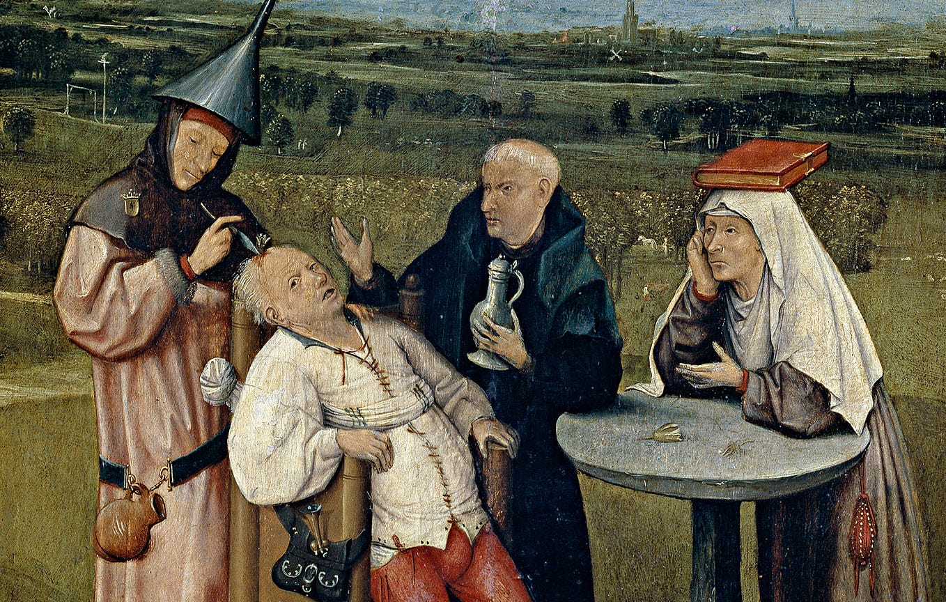 The painting depicts a surgeon, wearing a funnel hat, removing the stone of madness from a patient’s head by trepanation.  An assistant, a monk bearing a tankard, stands nearby. Playing on the double-meaning of the word kei (stone or bulb), the stone appears as a flower bulb, while another flower rests on the table. A woman with a book balanced on her head looks on.