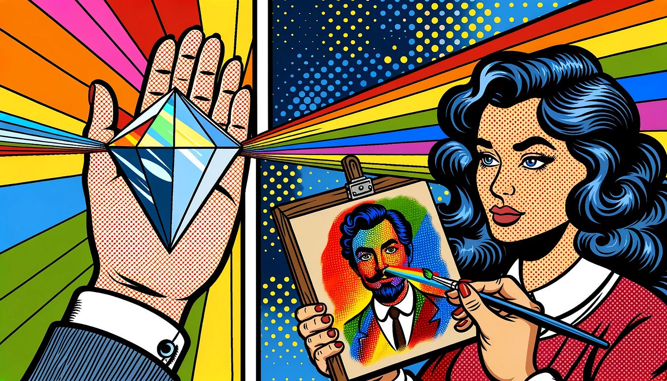 AI image in the cartoon style of 1960s. Personalization as a prism or as a portrait. UX lessons from Google about AI personalization algorithm and what we should do about them.