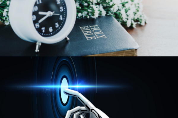 Top image is a clock and Bible. Bottom picture is a robot hand touching digital circle ring.