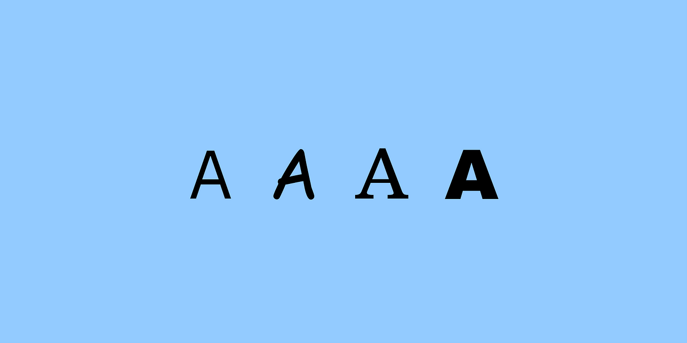 Graphic image of the letter A in 4 different typefaces on a light blue background.