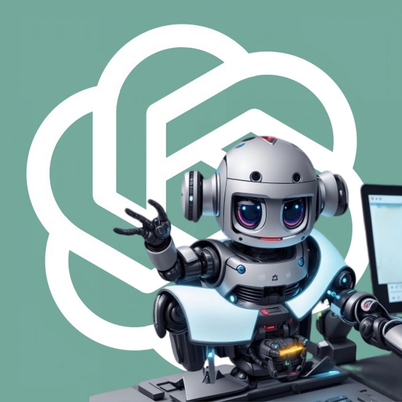 AI-generated image of a cute tiny robot in the backdrop of ChatGPT’s logo