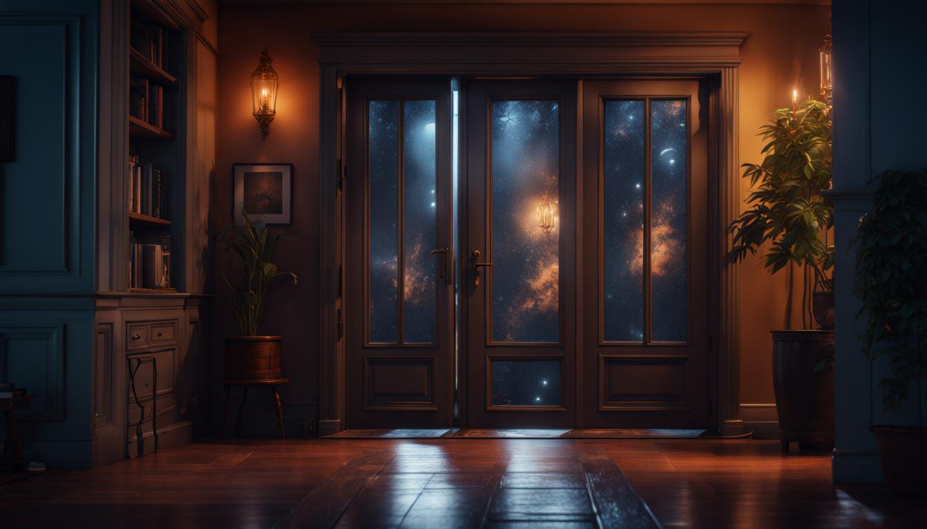 A mysterious doorway with lights shining through