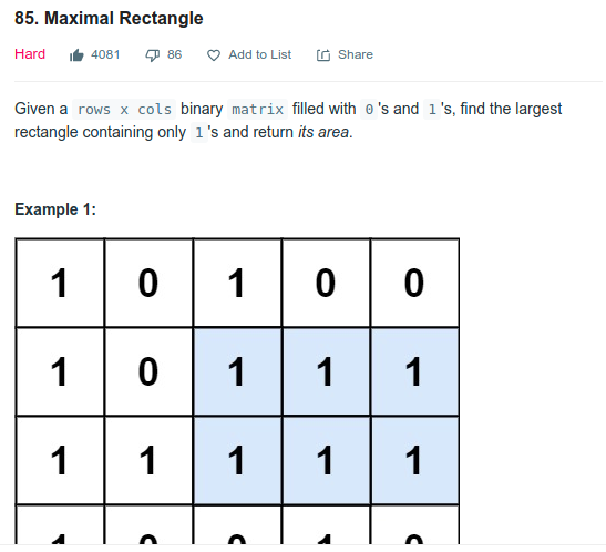 85 : Maximal Rectangle Leetcode Hard
